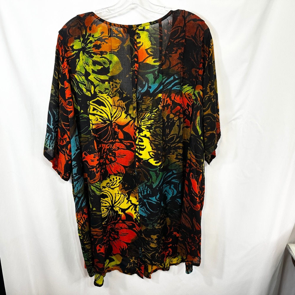 Roamans Plus Size 24W Top Black Floral V-Neck Button Front Short Sleeve Boho 654 - Picture 2 of 8